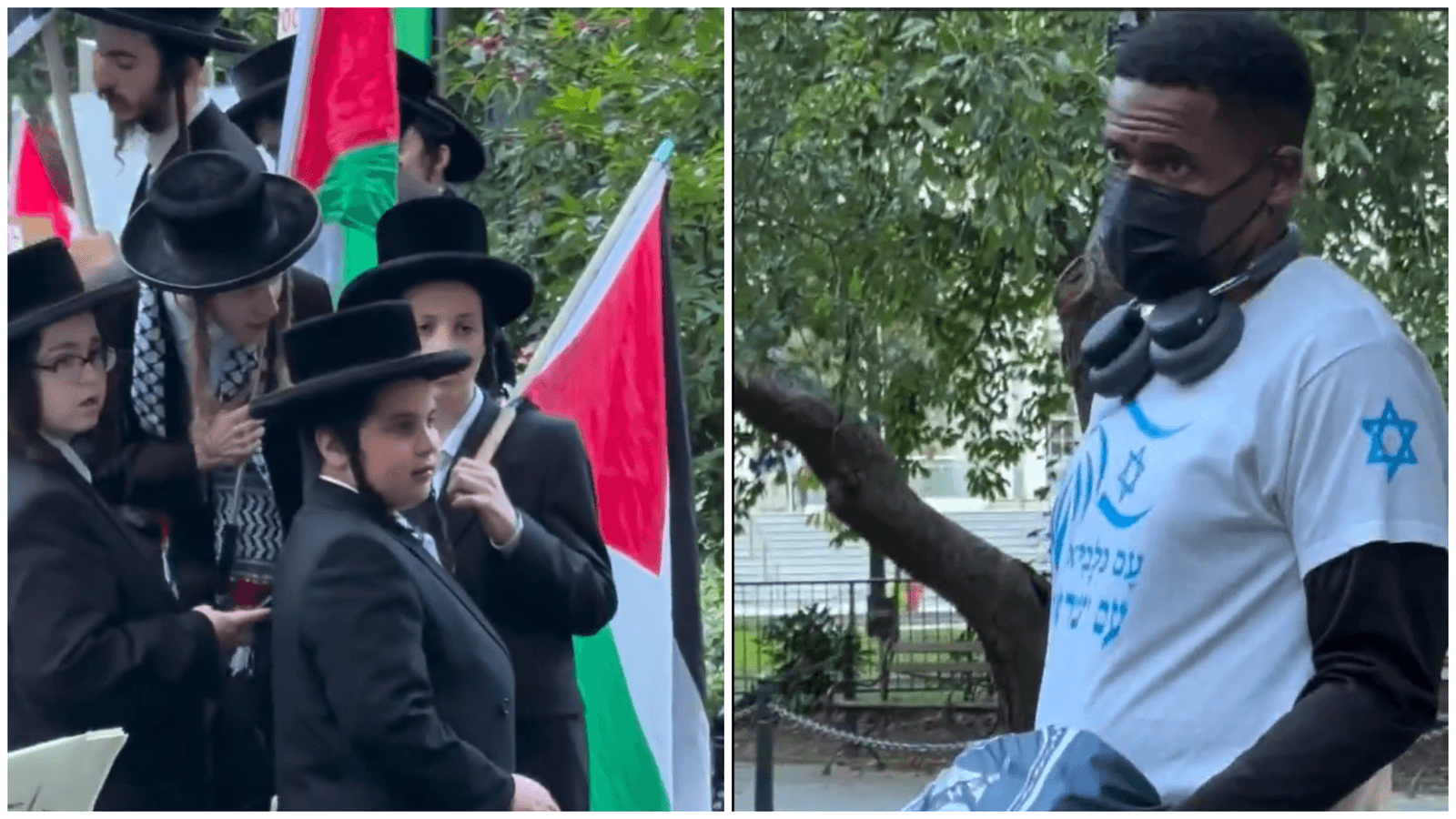 אור ליהודים: גבר שחור הפגין מול בחורי סאטמר שאחזו בדגלי פלסטין