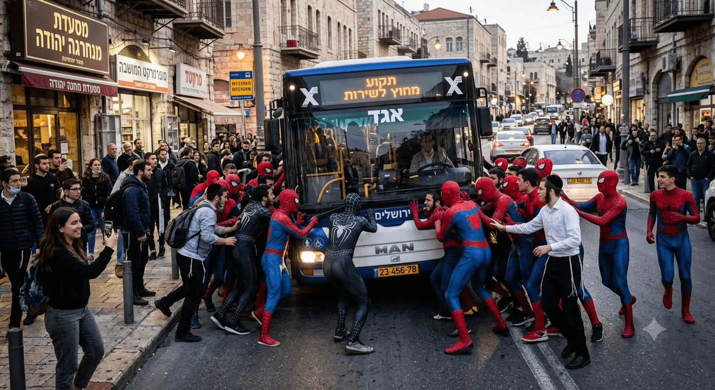 Costumed Spider-Man Fans Push Stalled Bus in Jerusalem