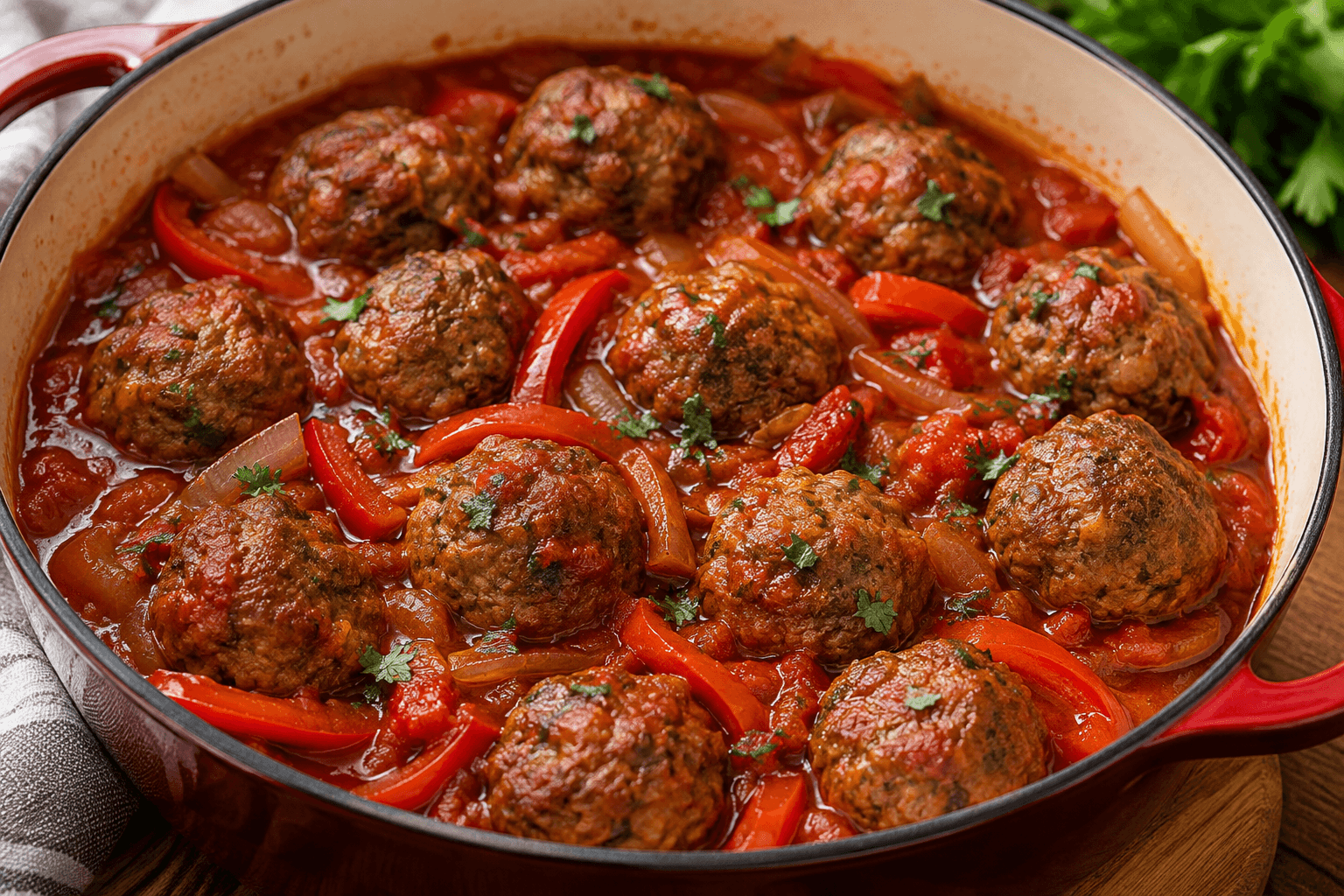 One-Pot Beef Meatballs in Tomato and Pepper Sauce