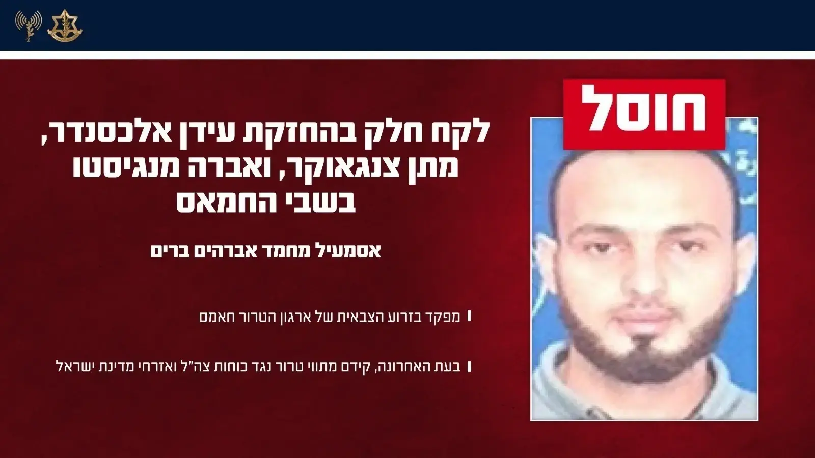 צה"ל: חוסל מפקד חמאס שלקח חלק בהחזקתם בשבי של עידן אלכסנדר, מתן צנגאוקר ואברה מנגיסטו