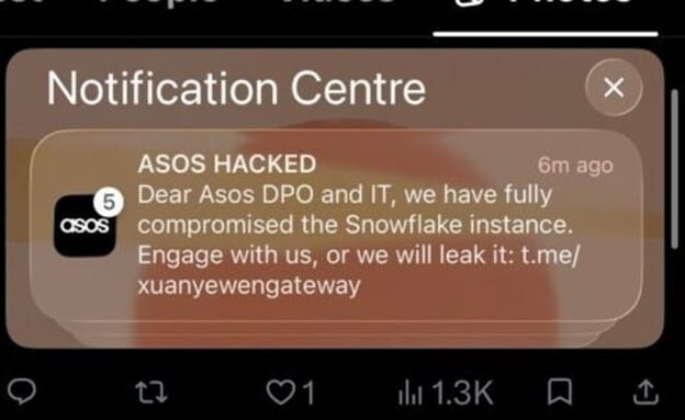 הודעת הפוש ששלחה אפליקציית ASOS למשתמשים: "נפרצתי"