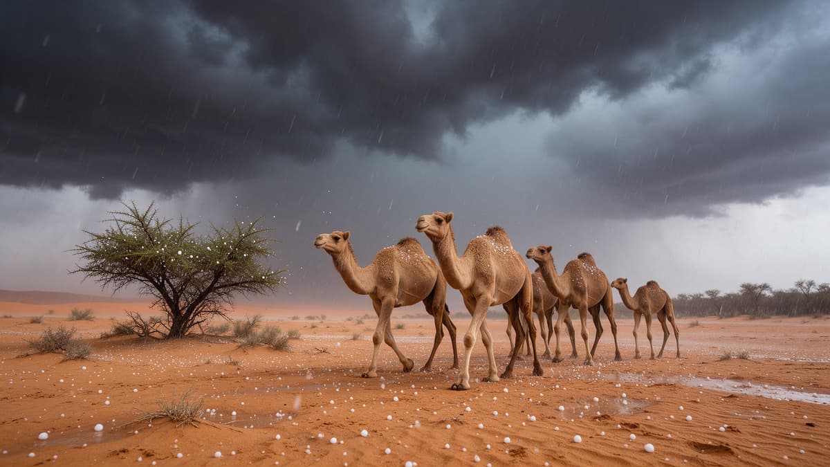 Hailstones Pelt Camels as Thunderstorms Sweep Across UAE Desert