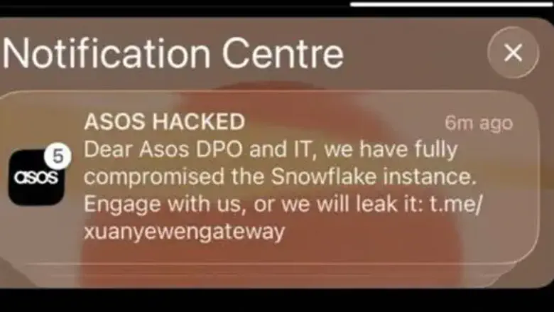 Тревожное сообщение, полученное пользователями ASOS